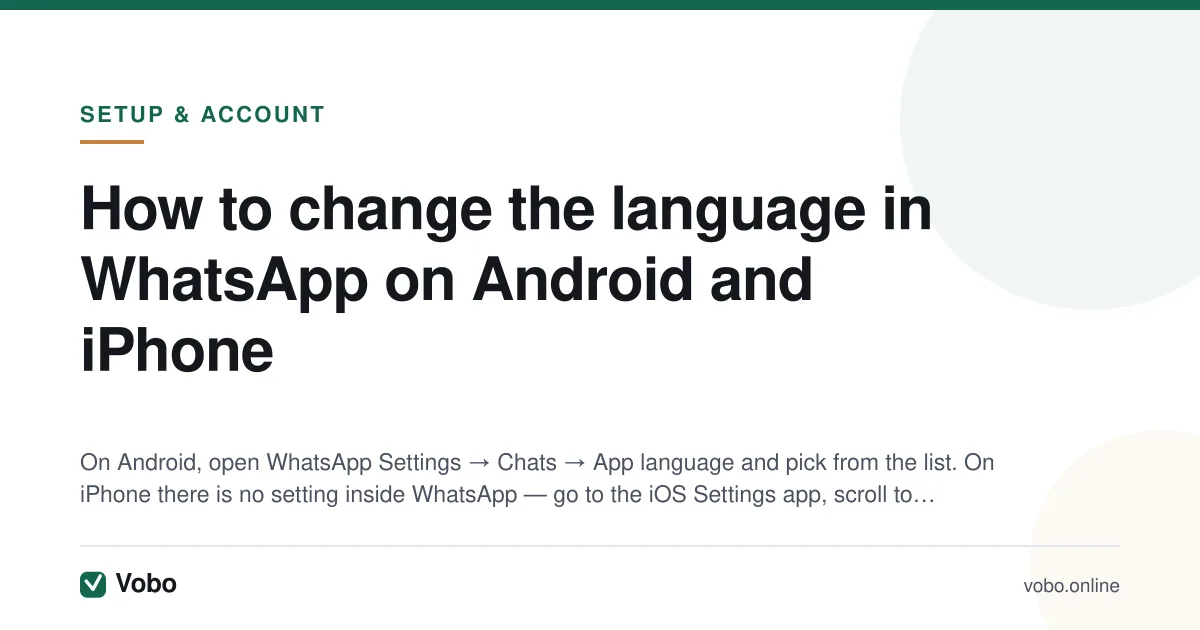 How to change the language in WhatsApp on Android and iPhone — illustrated summary card from Vobo, Setup & account.