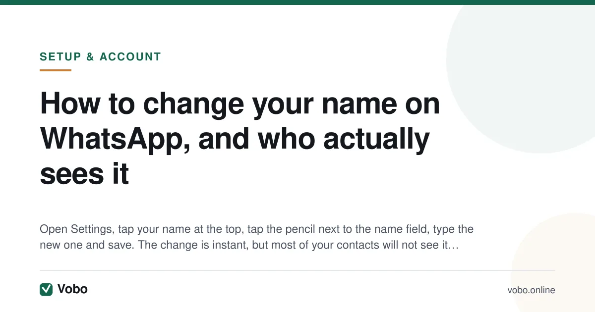 How to change your name on WhatsApp, and who actually sees it — illustrated summary card from Vobo, Setup & account.