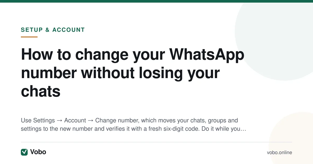 How to change your WhatsApp number without losing your chats — illustrated summary card from Vobo, Setup & account.