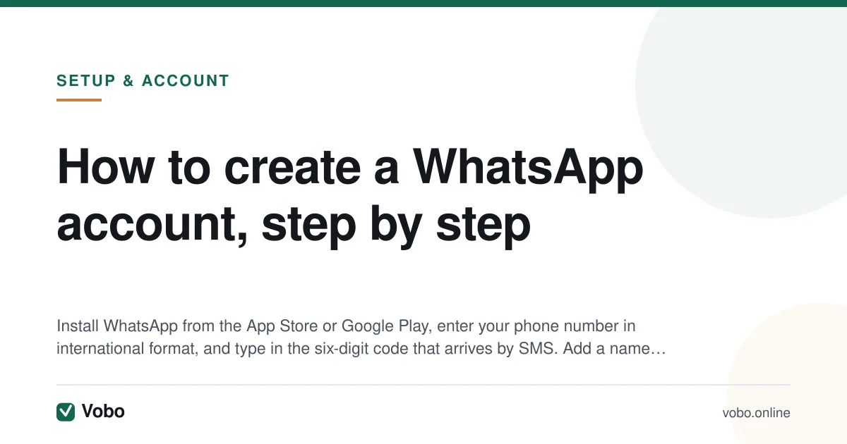 How to create a WhatsApp account, step by step — illustrated summary card from Vobo, Setup & account.