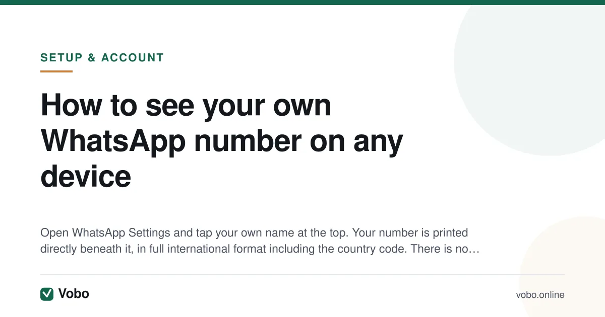 How to see your own WhatsApp number on any device — illustrated summary card from Vobo, Setup & account.