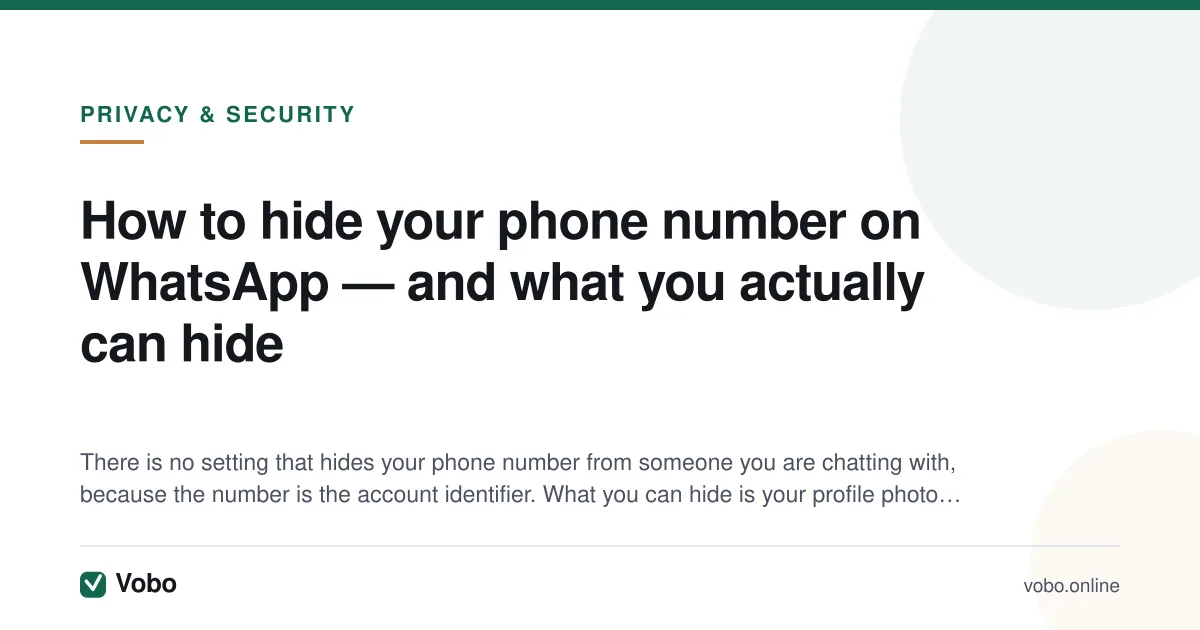 How to hide your phone number on WhatsApp — and what you actually can hide — illustrated summary card from Vobo, Privacy & security.