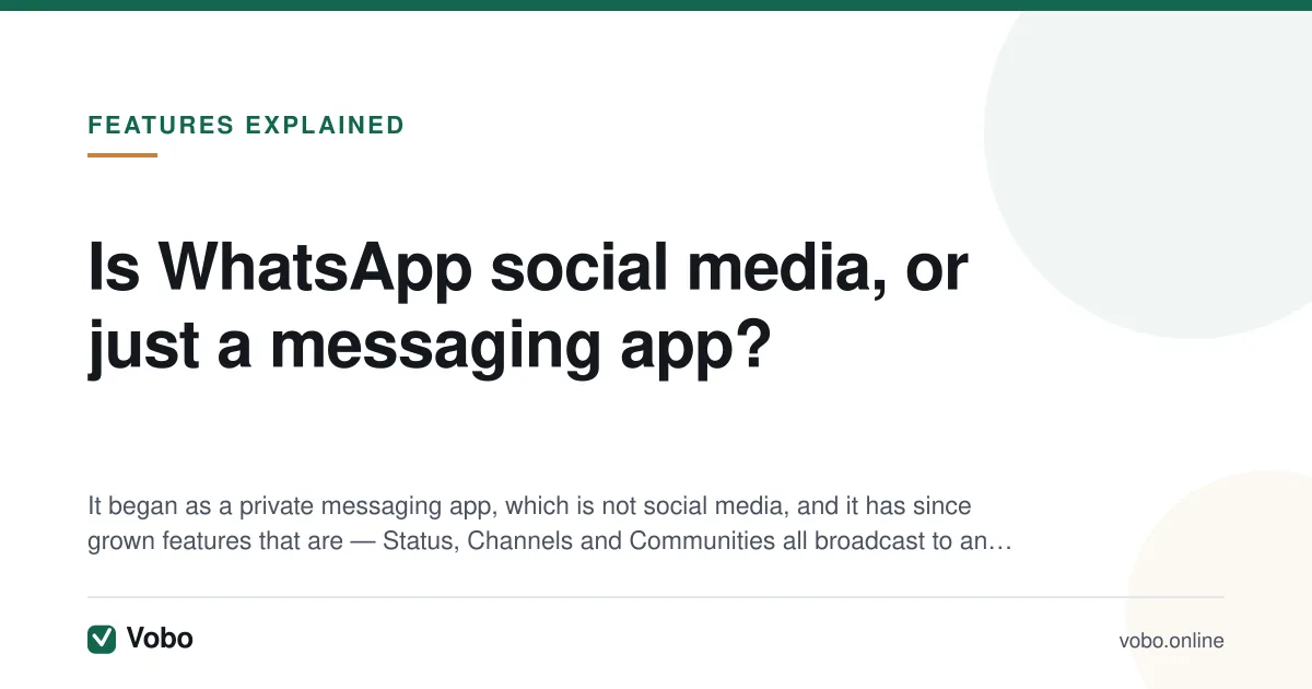 Is WhatsApp social media, or just a messaging app? — illustrated summary card from Vobo, Features explained.