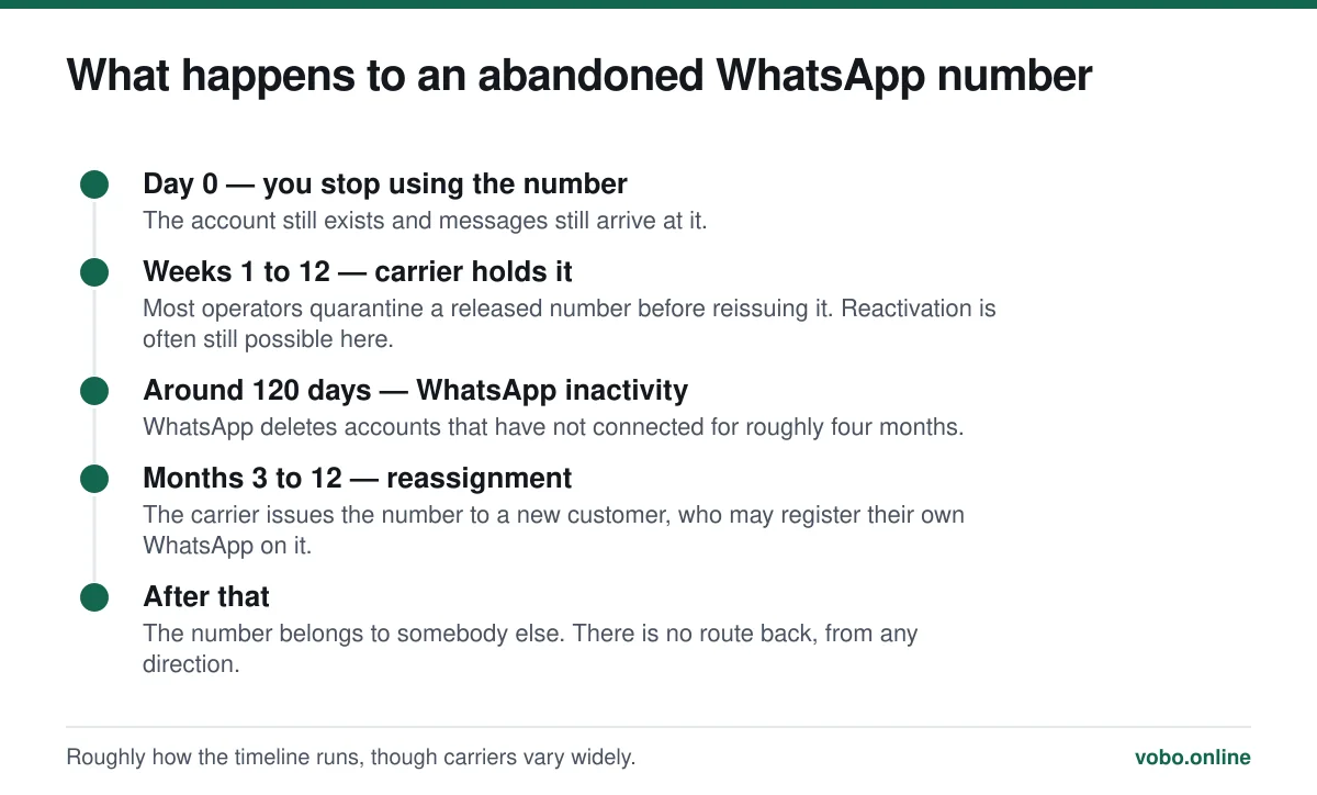 What happens to an abandoned WhatsApp number. Roughly how the timeline runs, though carriers vary widely.