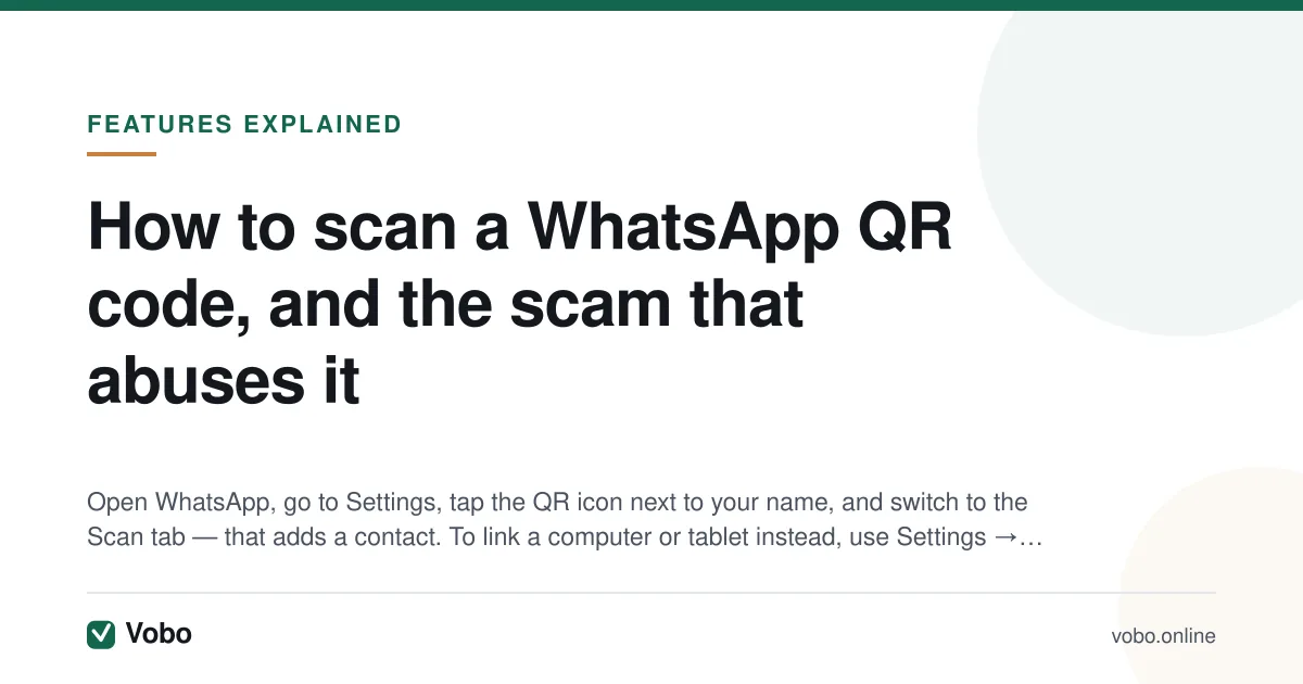 How to scan a WhatsApp QR code, and the scam that abuses it — illustrated summary card from Vobo, Features explained.