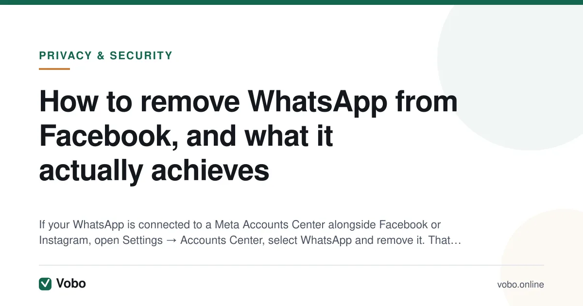 How to remove WhatsApp from Facebook, and what it actually achieves — illustrated summary card from Vobo, Privacy & security.