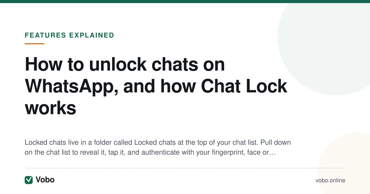 How to unlock chats on WhatsApp, and how Chat Lock works — illustrated summary card from Vobo, Features explained.