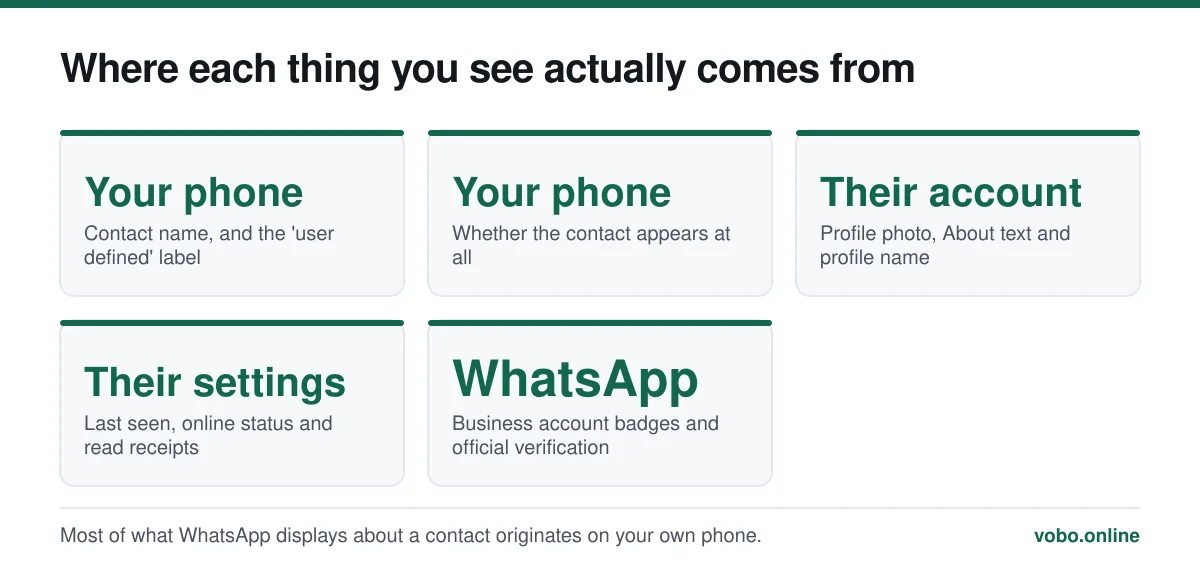 Where each thing you see actually comes from. Most of what WhatsApp displays about a contact originates on your own phone.