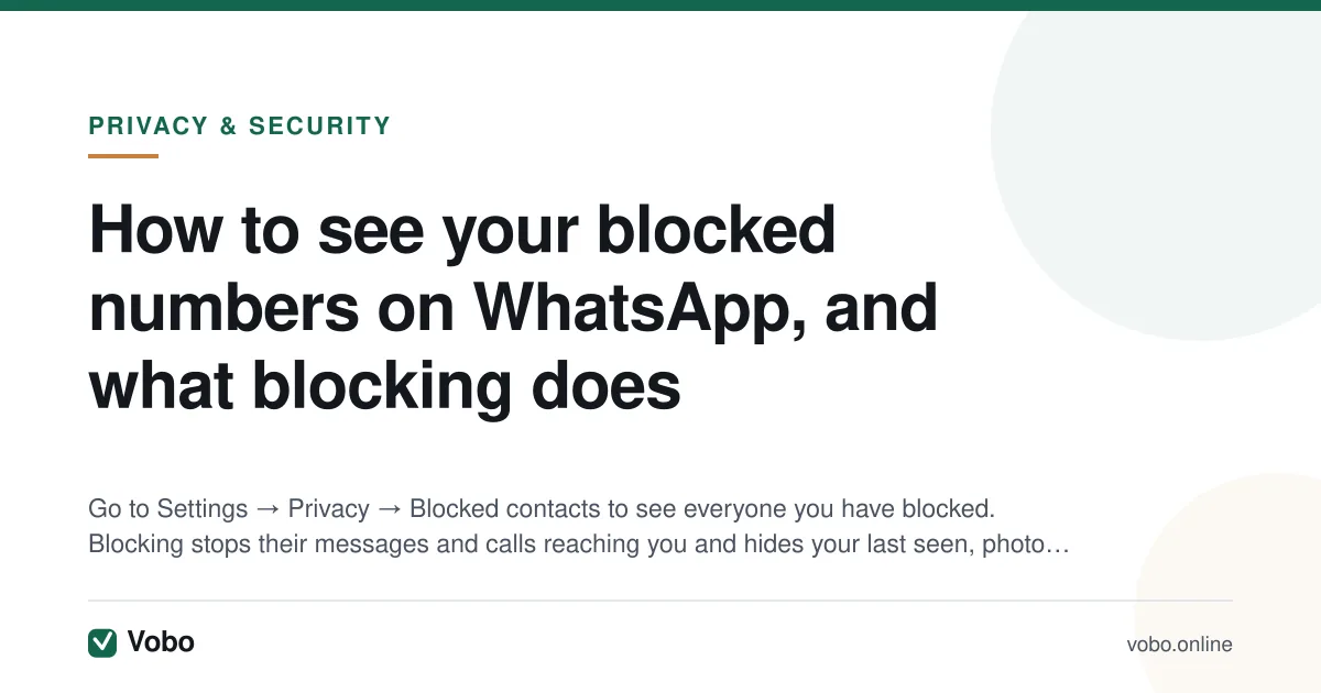 How to see your blocked numbers on WhatsApp, and what blocking does — illustrated summary card from Vobo, Privacy & security.