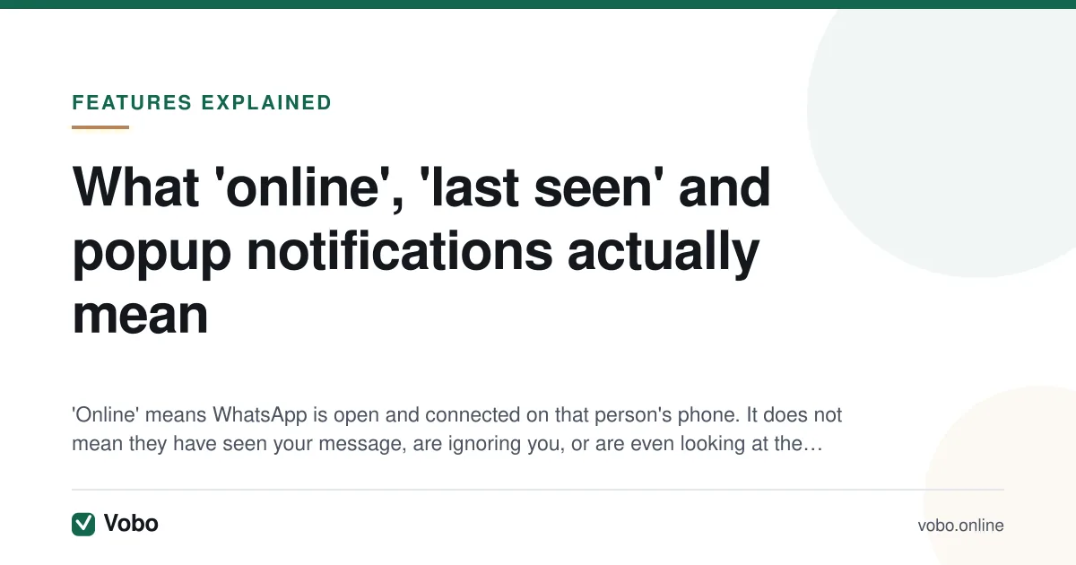 What 'online', 'last seen' and popup notifications actually mean — illustrated summary card from Vobo, Features explained.