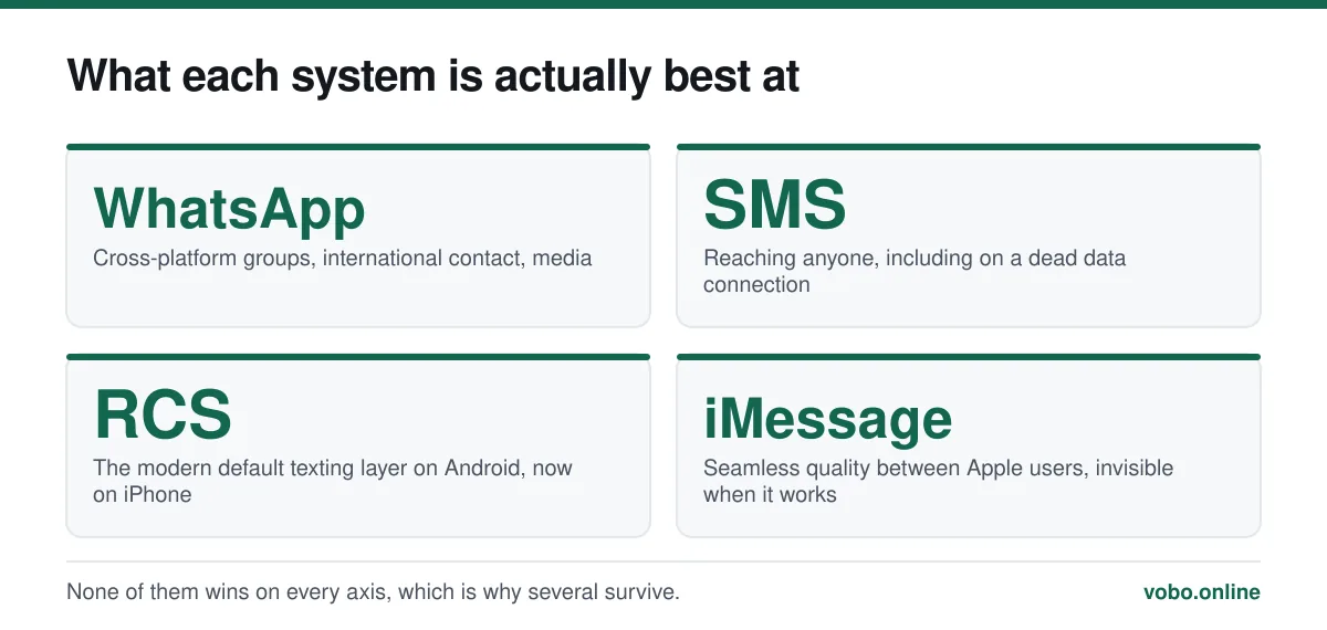 What each system is actually best at. None of them wins on every axis, which is why several survive.