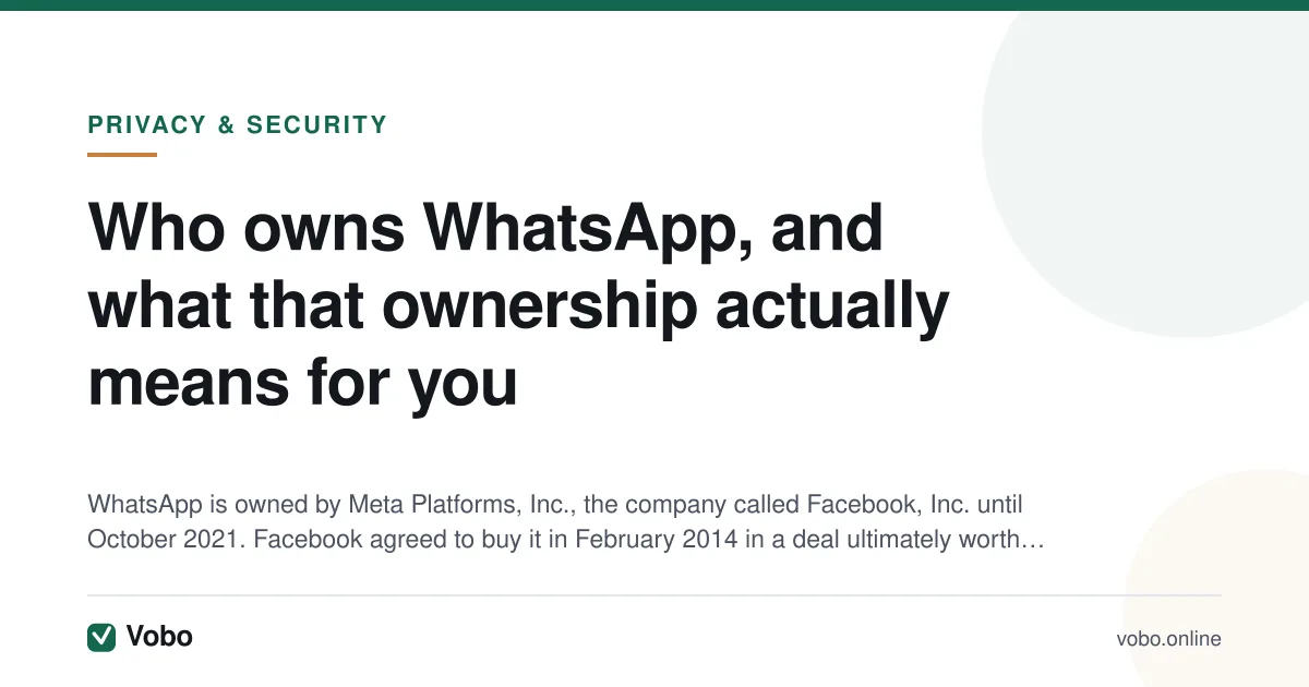 Who owns WhatsApp, and what that ownership actually means for you — illustrated summary card from Vobo, Privacy & security.