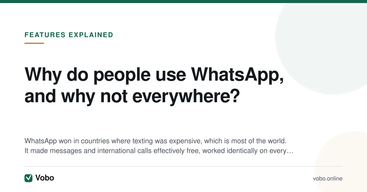 Why do people use WhatsApp, and why not everywhere? — illustrated summary card from Vobo, Features explained.